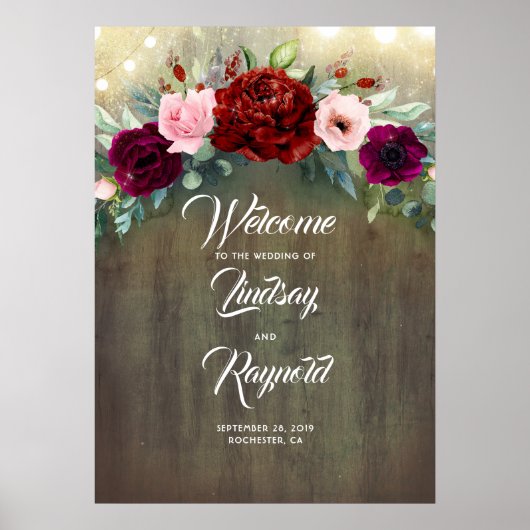 Burgundy Floral Rustic Country Weddenschap Welkom Poster (Voorkant)