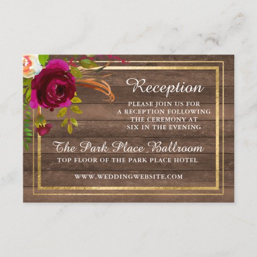 Burgundy Floral Rustic Gold Blush Roos Reception Informatiekaartje (Voorkant)