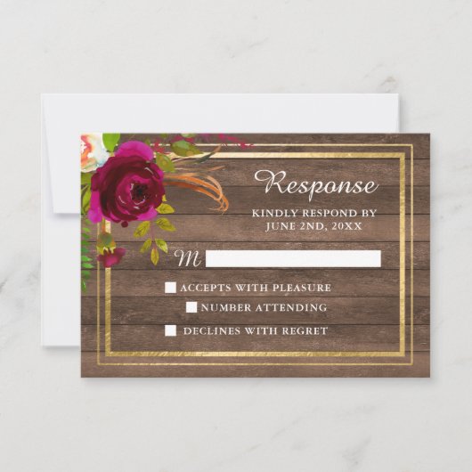 Burgundy Floral Rustic Gold Blush Roos Response RSVP Kaartje (Voorkant)