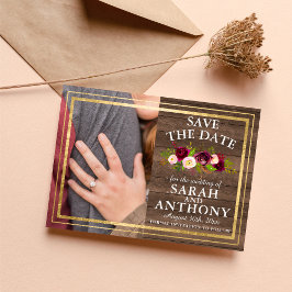 Burgundy Floral Rustic Gold Roos sparen de datum Save The Date