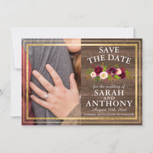 Burgundy Floral Rustic Gold Roos sparen de datum Save The Date (Voorkant)