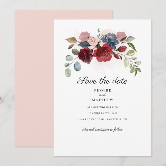 Burgundy Floral Rustic Greenery Modern Save The Date (Voorkant / Achterkant)