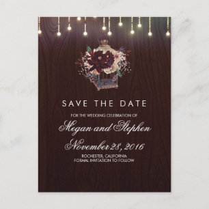 Burgundy Floral Rustic Lantern Save the Date Aankondigingskaart