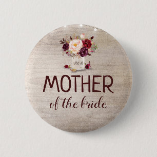 Burgundy Floral Rustic Mason Jar Wedding Ronde Button 5,7 Cm