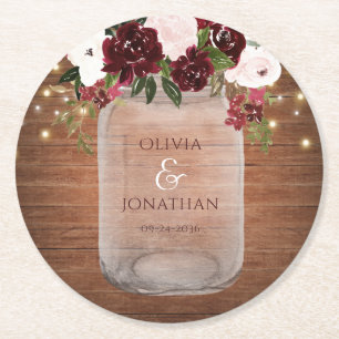 Burgundy Floral Rustic Mason Jar Wedding Ronde Kartonnen Onderzetter