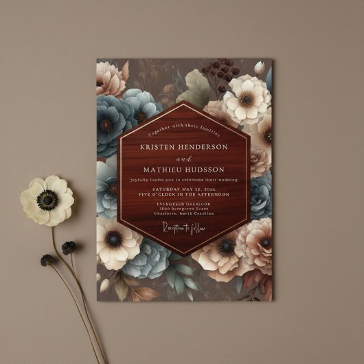 Burgundy Floral Rustic Romance Wedding Kaart