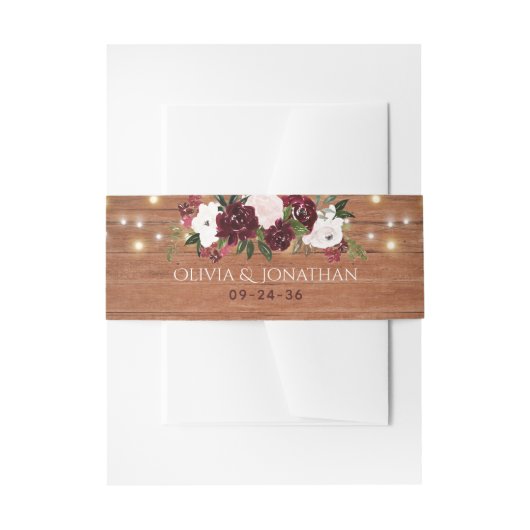 Burgundy Floral Rustic String Lights Wedding Uitnodigingen Wikkel (Voorkant Voorbeeld)