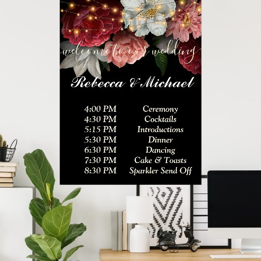 Burgundy Floral Rustic string ligOrder of Events Poster (Thuiskantoor)