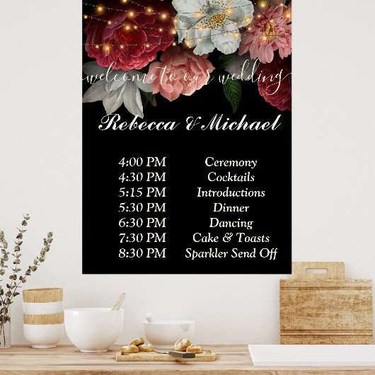Burgundy Floral Rustic string ligOrder of Events Poster (Keuken)