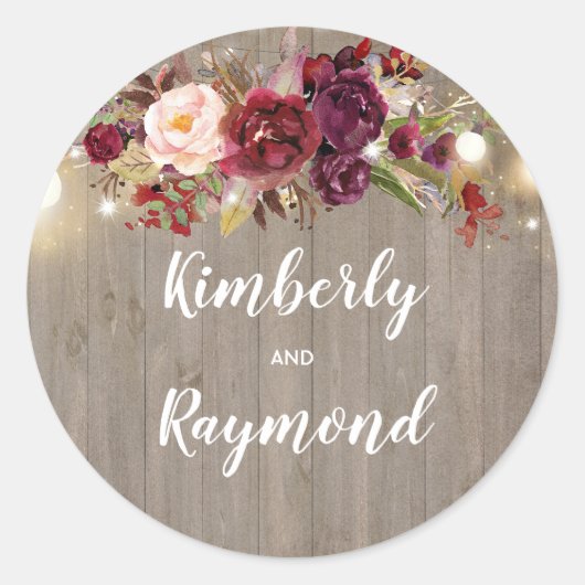 Burgundy Floral Rustic Wedding Ronde Sticker (Voorkant)