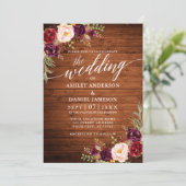 Burgundy Floral Rustic Wood Calligraphy Wedding Kaart (Staand voorkant)