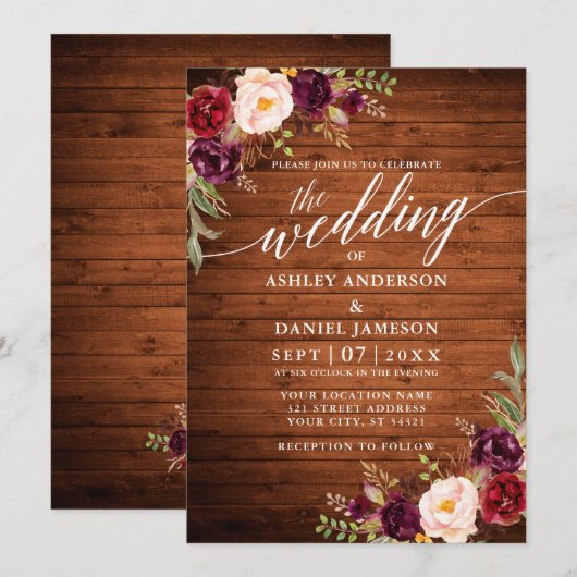 Burgundy Floral Rustic Wood Calligraphy Wedding Kaart (Voorkant / Achterkant)