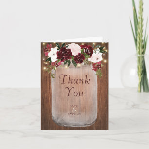 Burgundy Floral Rustic Wood Mason Jar Wedding Bedankkaart