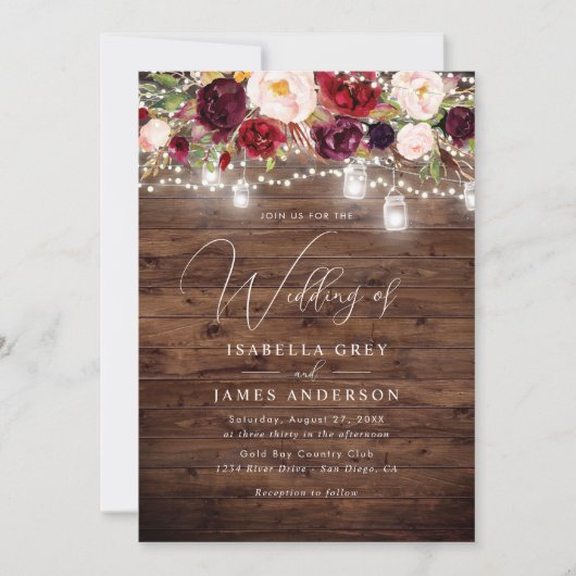Burgundy Floral Rustic Wood Weddenschap Kaart (Voorkant)