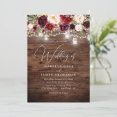 Burgundy Floral Rustic Wood Weddenschap Kaart (Staand voorkant)