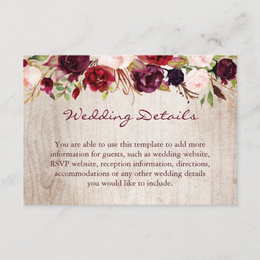 Burgundy Floral Rustic Wood Wedding Details Informatiekaartje (Voorkant)