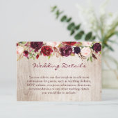 Burgundy Floral Rustic Wood Wedding Details Informatiekaartje (Staand voorkant)