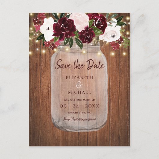 Burgundy Floral Rustic Wood Wedding Save the Date Aankondigingskaart (Voorkant)