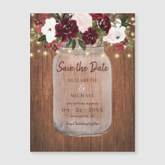 Burgundy Floral Rustic Wood Wedding Save the Date Magnetische Uitnodiging