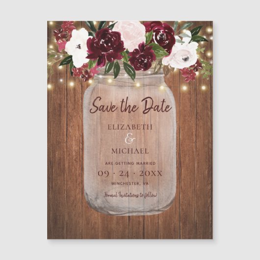 Burgundy Floral Rustic Wood Wedding Save the Date Magnetische Uitnodiging (Voorkant)
