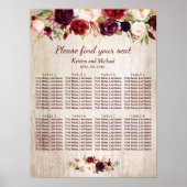 Burgundy Floral Rustic Wood Wedding Seding Chart Poster (Voorkant)