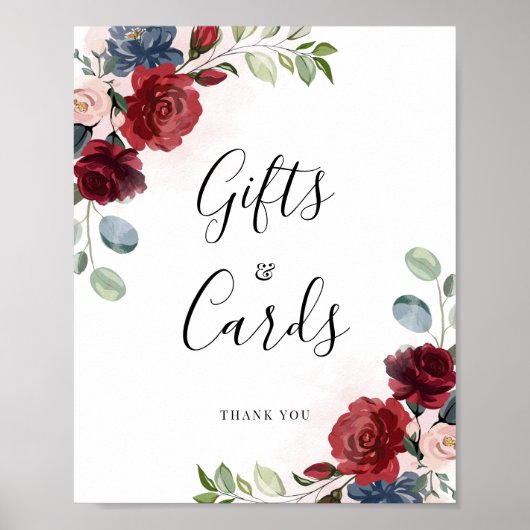 Burgundy Floral Script Dusty Blue Gifts en Kaarten Poster (Voorkant)