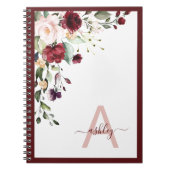 Burgundy Floral Script Monogram Initiaal Name Notitieboek (Voorkant)