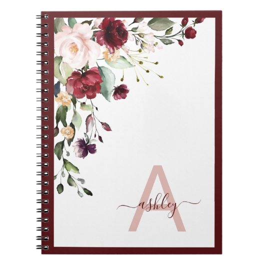 Burgundy Floral Script Monogram Initiaal Name Notitieboek (Voorkant)