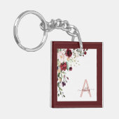 Burgundy Floral Script Monogram Initiaal Name Sleutelhanger (Voorkant Links)