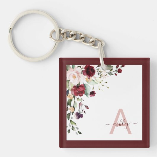 Burgundy Floral Script Monogram Initiaal Name Sleutelhanger (Voorkant)