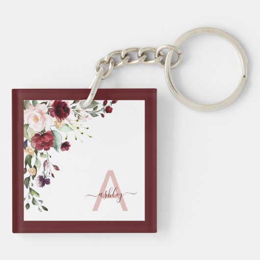Burgundy Floral Script Monogram Initiaal Name Sleutelhanger (Achterkant)