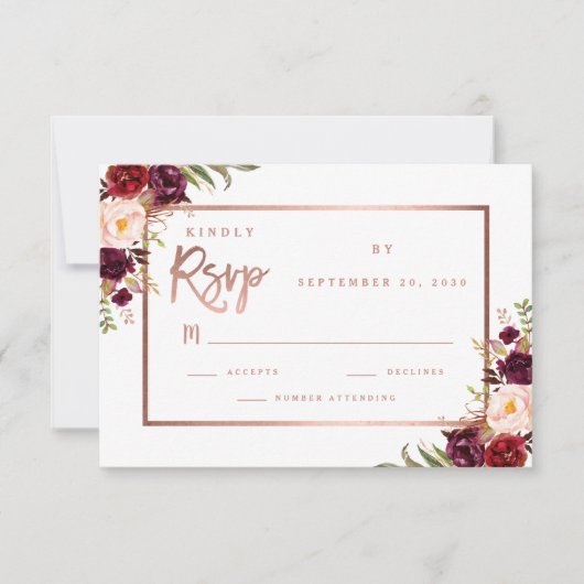 Burgundy Floral Script Roos Gold Wedding RSVP Kaartje (Voorkant)
