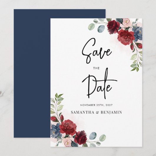 Burgundy Floral Script Weduwschap Save The Date (Voorkant / Achterkant)