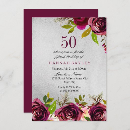 Burgundy Floral Silver 50th Birthday Invite Kaart (Voorkant / Achterkant)