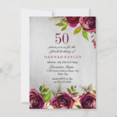 Burgundy Floral Silver 50th Birthday Invite Kaart (Voorkant)