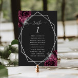 Burgundy Floral Silver Geo Frame Black Wedding Kaart<br><div class="desc">This elegant modern wedding table number card features a silver geometric frame decorated with burgundy and silver floral bouquets on a black background. The customizable text combines silver gray whimsical handwriting,  copperplate and italic fonts. The reverse side is solid black.</div>