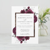 Burgundy Floral Silver Glitter Rustic Wood Weddens Kaart (Staand voorkant)