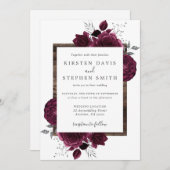 Burgundy Floral Silver Glitter Rustic Wood Weddens Kaart (Voorkant / Achterkant)