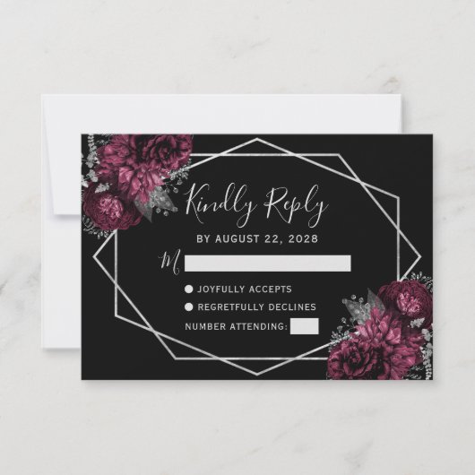 Burgundy Floral Silver Lijst Black RSVP-kaart RSVP Kaartje (Voorkant)