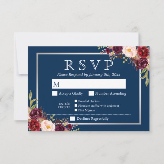 Burgundy Floral Silver Navy Blue Meal Options RSVP Kaartje (Voorkant)