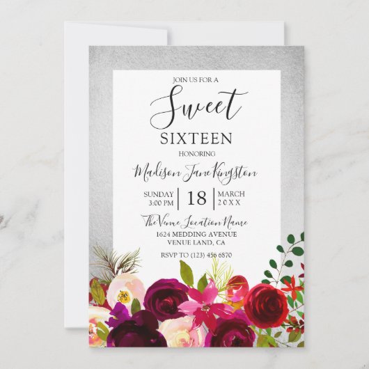 Burgundy Floral Silver Sweet 16 Party Invitation Kaart (Voorkant)