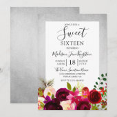 Burgundy Floral Silver Sweet 16 Party Invitation Kaart (Voorkant / Achterkant)