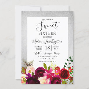 Burgundy Floral Silver Sweet 16 Party Invitation Kaart