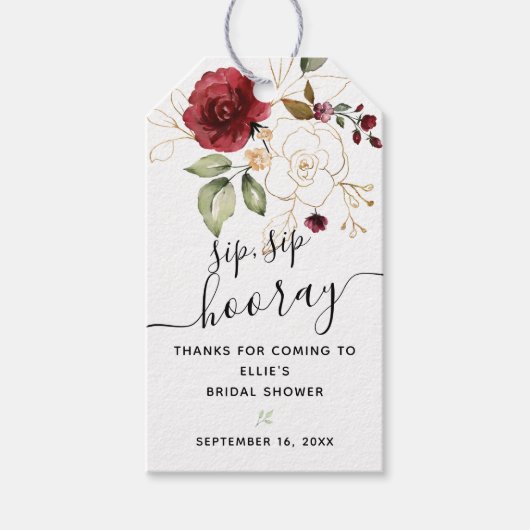Burgundy Floral Sip Sip Hooray Favor Vrijgezellenf Cadeaulabel (Voorkant)