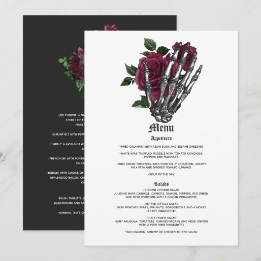 Burgundy Floral Skeleton Gothic Wedding Menu (Voorkant / Achterkant)