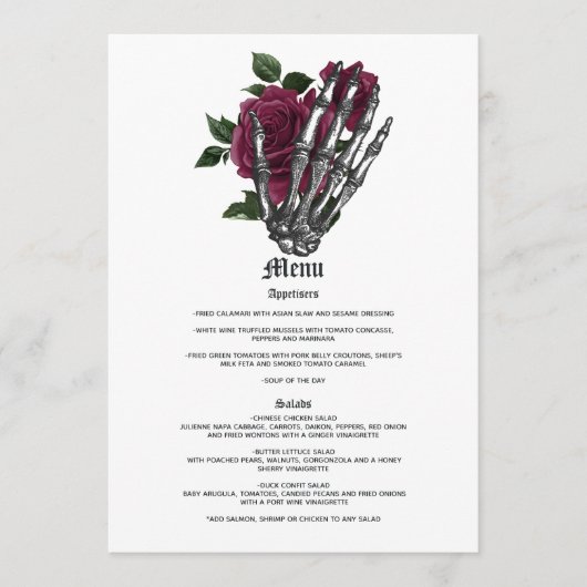 Burgundy Floral Skeleton Gothic Wedding Menu (Voorkant)