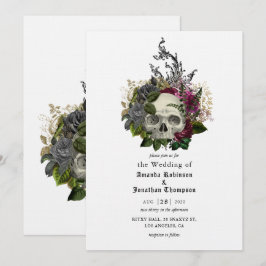 Burgundy Floral Skull Halloween Gothic Wedding Inv Kaart