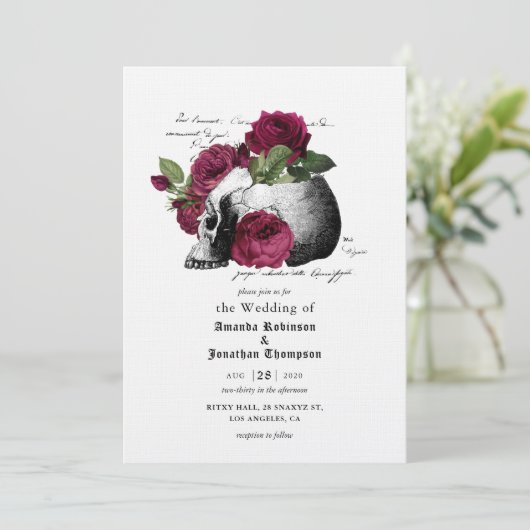 Burgundy Floral Skull Halloween Gothic Wedding Inv Kaart (Staand voorkant)