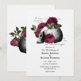 Burgundy Floral Skull Halloween Gothic Wedding Inv Kaart