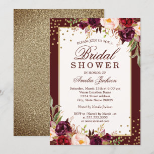 Burgundy floral Sparkle Bridal Showuitnodiging Kaart